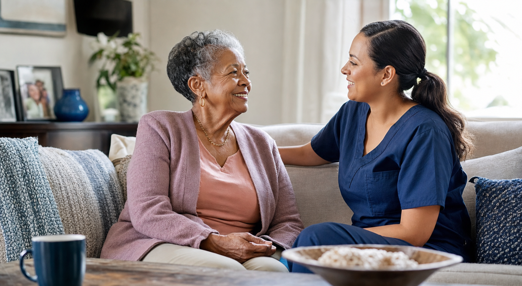 A professional caregiver sharing conversation with an older woman at home